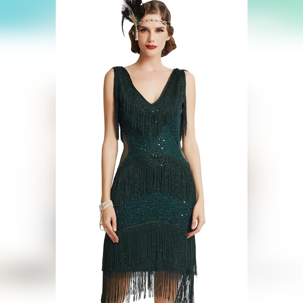 BABEYOND 1920s Flapper V Neck Sequin Beaded Dress NWT Size S 4-6 Green & Black